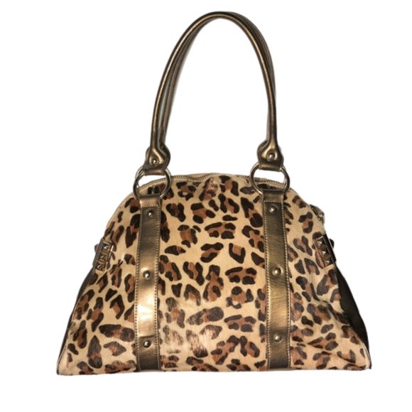 Betsey Johnson Vintage Leopard Print Fur and Metallic Gold Large Shoulder Bag - Picture 4 of 14